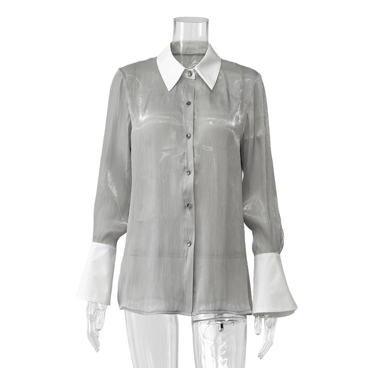 Women's Clothing Autumn Retro Patchwork Lapel Thin Sheer Blouse Casual Elegant Fashion Top For American Style_ecoleips.com