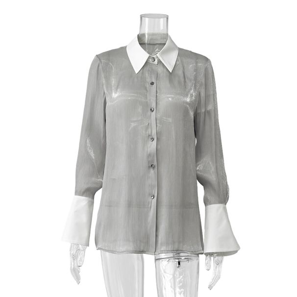 Women's Clothing Autumn Retro Patchwork Lapel Thin Sheer Blouse Casual Elegant Fashion Top For American Style_ecoleips.com