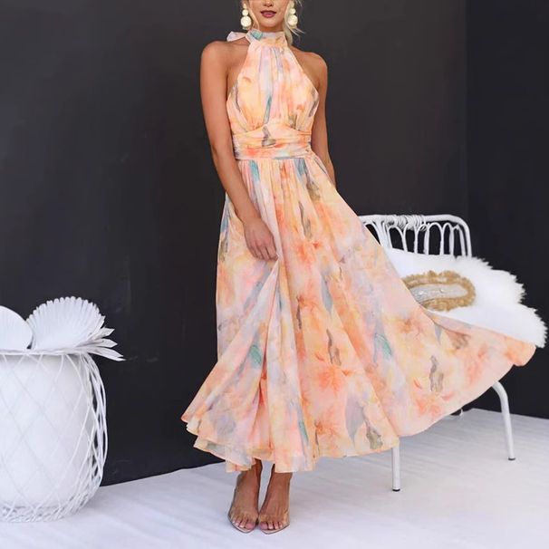 2025 Summer New Women's Vacation Style Sleeveless Print Halter Dress_ecoleips.com
