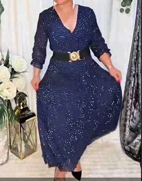 Elegant V-Neck Chiffon Maxi Dress With Embellished Rhinestones – Flowy Boho Style & Comfortable Fit_ecoleips.com