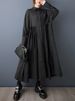 Black Vintage Lace-Up Pleated Shirt Dresses For Women 2025 Autumn New In Long Sleeve Loose Casual Dress Fashion Elegant Clothing_ecoleips.com