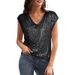 Women's Sparkly Sequined Vest Party Shirt V Neck Short Sleeved Blouse_ecoleips.com