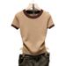 Women's Textured Color Blocked Round Neck Short Sleeve Knit T-Shirt Slim Fit Flattering Style New Summer_ecoleips.com