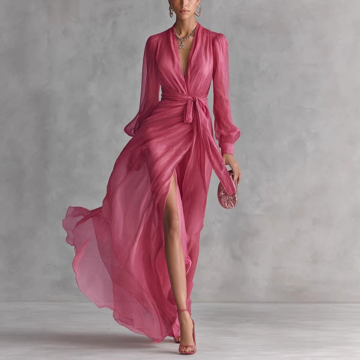 Women's Clothing Women's V Neck Dress Slit Waist Cinching Long Sleeve Flowy Solid Color For Formal & Casual For Women_ecoleips.com