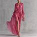 Women's Clothing Women's V Neck Dress Slit Waist Cinching Long Sleeve Flowy Solid Color For Formal & Casual For Women_ecoleips.com