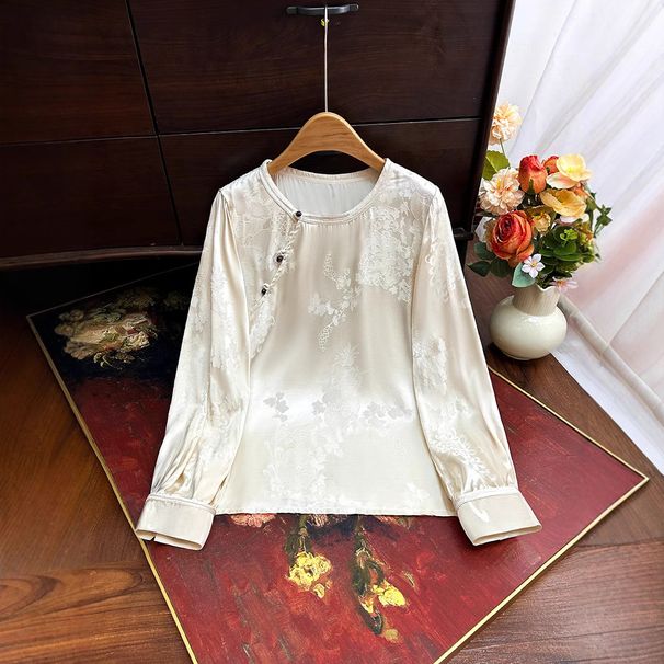 New Diagonal Collar Shirt, 2025 Spring New High-end Rayon Jacquard Retro Chinese-style Versatile Shirt Top_ecoleips.com