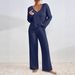 Oversized V-Neck Ribbed Knit Sweater & Lounge Pants Set – Cozy Brushed Polyester Loungewear For Women (Light Gray, Rose, Olive, Charcoal, Navy)_ecoleips.com