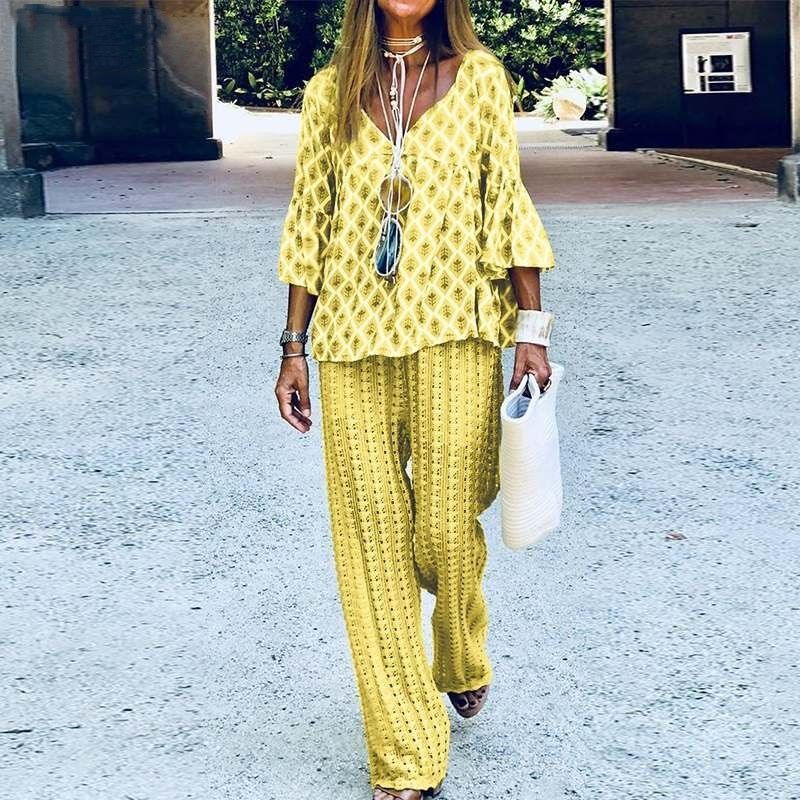 Women's Clothing Women's Printed Fashion Loose Casual Pants Set Short Sleeve V Neck Sportswear Summer_ecoleips.com