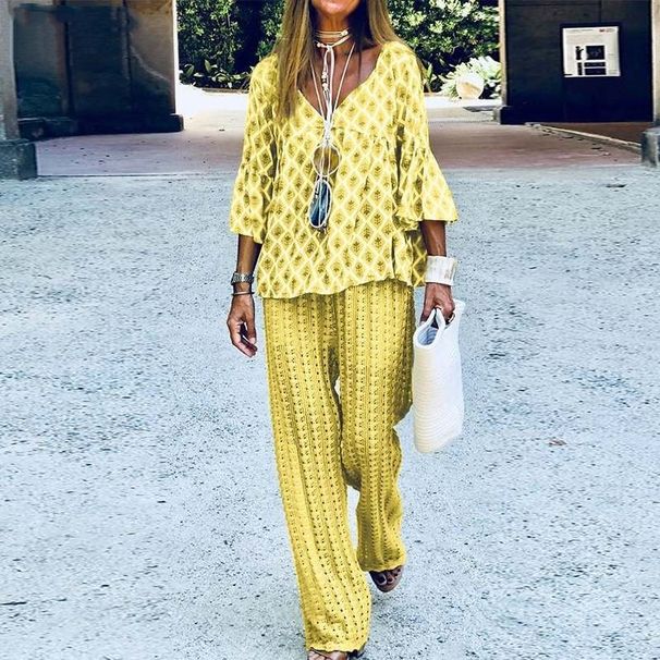 Women's Clothing Women's Printed Fashion Loose Casual Pants Set Short Sleeve V Neck Sportswear Summer_ecoleips.com
