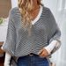Women's Clothing Oversized V-Neck Batwing Sleeve Striped Knit Sweater - Soft Acrylic Blend, Casual Loose Fit Pullover, Trendy Office & Streetwear_ecoleips.com