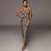 Women's Dress With Strapless Design, Long Backless Style, Deep V-Neckline, Animal Print Pattern_ecoleips.com