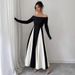 Women's Clothing New Fashion Trend U Neck Splicing Long Skirt Contrast Color Temperament Long Sleeve Dress_ecoleips.com
