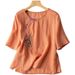 Short-Sleeved Shirt For Women, Embroidered Design; Loose Fit With A Literary And Retro Style; Made From Cotton-Linen Fab_ecoleips.com