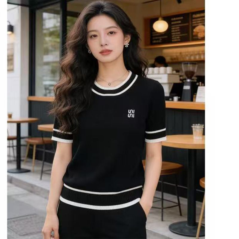 French-Inspired Lettering Knit Top – Chic Short-Sleeve Pullover (White/Black/Navy, S-2XL)_ecoleips.com