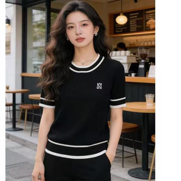 French-Inspired Lettering Knit Top – Chic Short-Sleeve Pullover (White/Black/Navy, S-2XL)_ecoleips.com