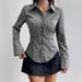 Women's Blue Striped Fitted Button Down Shirt, Long Sleeve Slim Fit Office Blouse With Flare Cuffs For Casual & Business Wear_ecoleips.com