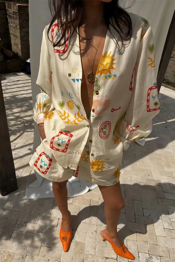 Women's Clothing Fashion Printed Linen Casual Versatile Shirt Cardigan Shorts_ecoleips.com