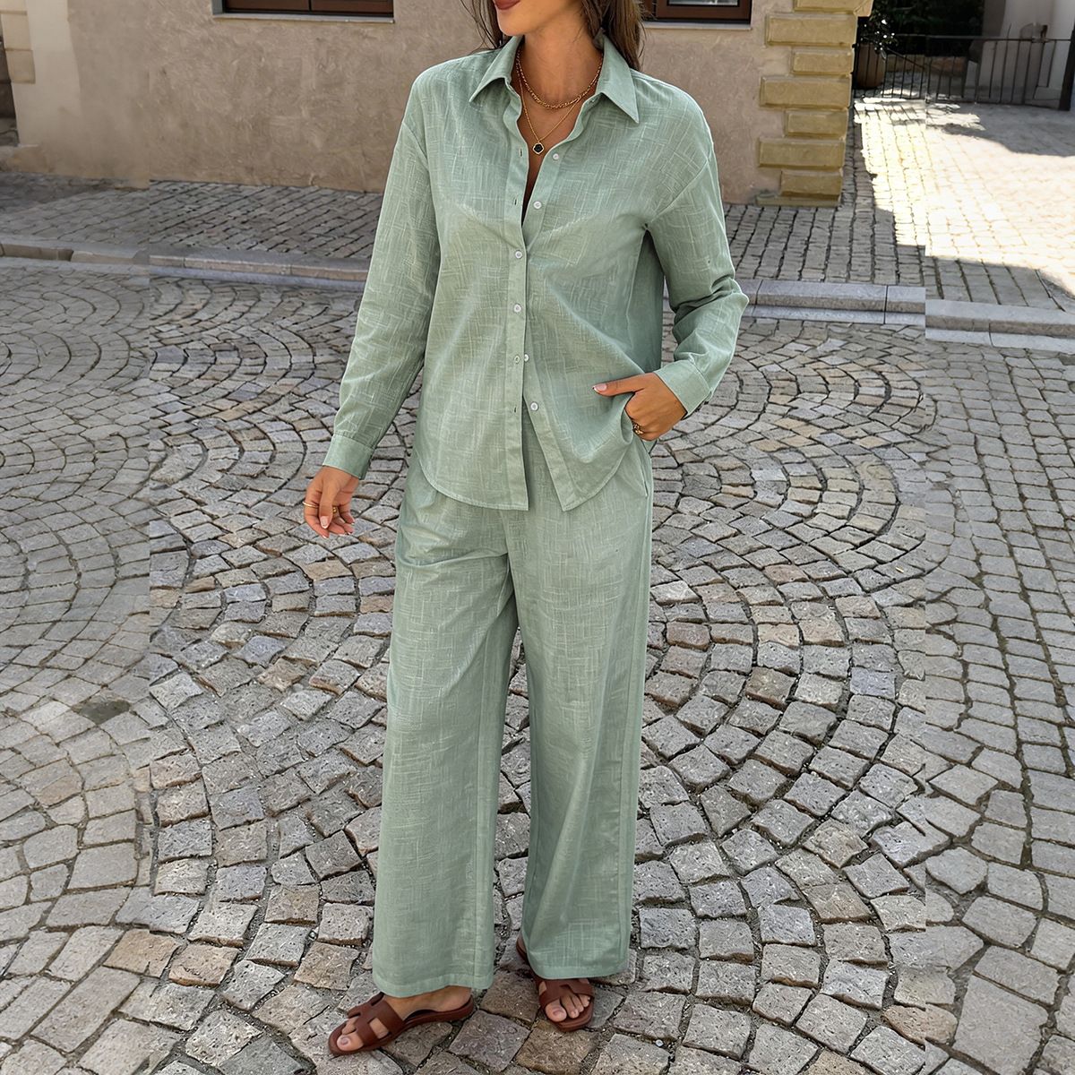 Classic Women's Long Sleeve Shirt And Trousers Set, Wrinkle-Resistant Cotton Blend For Casual & Office Wear, Versatile 2-Piece Outfit In 9 Colors_ecoleips.com