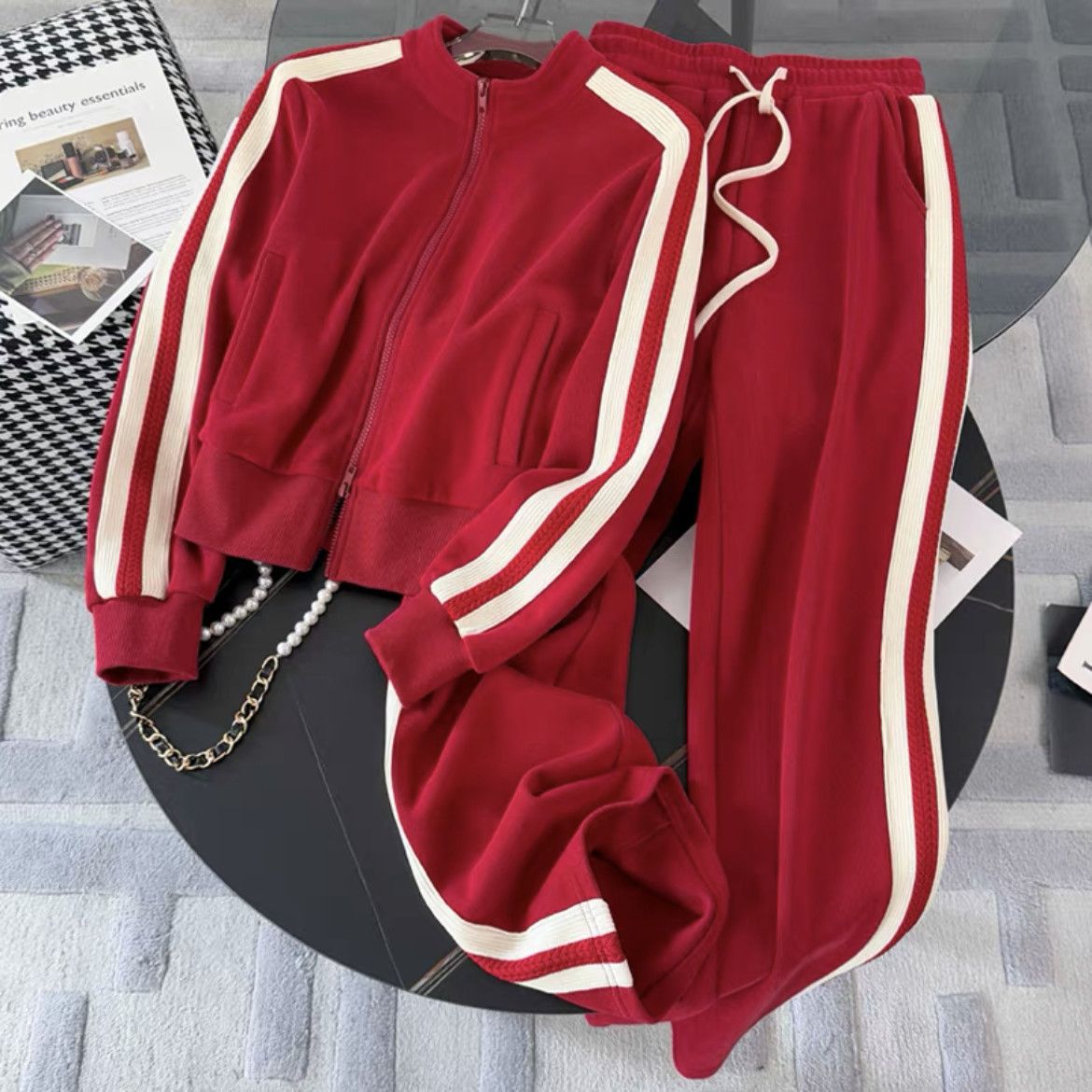 Women’s Clothing Spring brand suits for women, stylish red jacket, top, casual sports wide leg pants, two piece suit_ecoleips.com