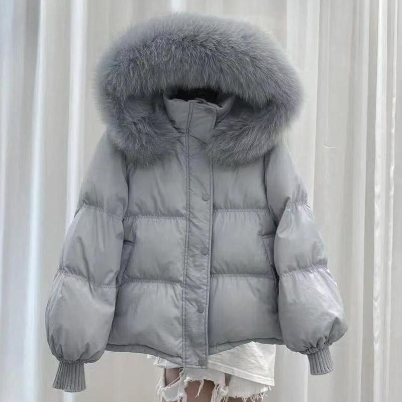 Women's Clothing Stylish Winter Puffer Jacket Short Cozy Hooded Coat With Faux Fur Trim, Loose Fit, Warm Quilted Polyester, Casual Korean Style_ecoleips.com