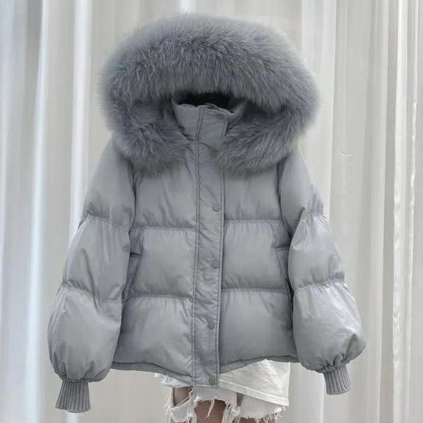Women's Clothing Stylish Winter Puffer Jacket Short Cozy Hooded Coat With Faux Fur Trim, Loose Fit, Warm Quilted Polyester, Casual Korean Style_ecoleips.com