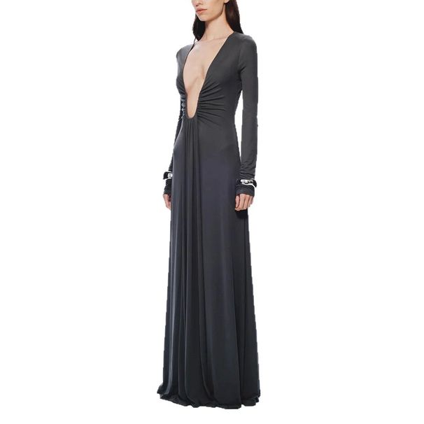 Women's Sexy Solid Color Long Sleeve Ruched Plunging Tie Neck Bodycon Maxi Dress – Elegant Summer Gown_ecoleips.com