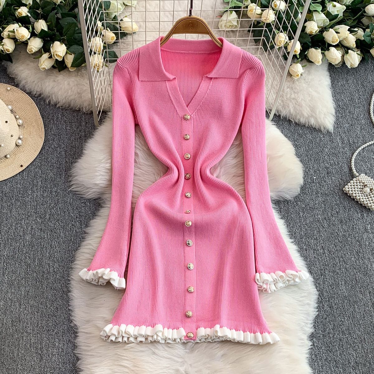 Women's High-Waisted Short Fitted Dress French Style V Neck Long Sleeves Sexy Alluring Versatile Stylish Autumn Clothing_ecoleips.com