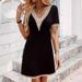 Women's Slim Fit Long Dress V Neck Lace Trim Solid Color Short Sleeved Versatile European American_ecoleips.com