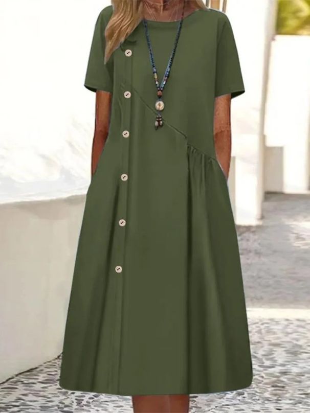 Women's Casual Midi Dress Button Decorated Fold Pocket Fashion Style_ecoleips.com