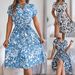 Women's Clothing Spring And Summer Casual V Neck Button Bat Sleeve Flower Swing Dress_ecoleips.com