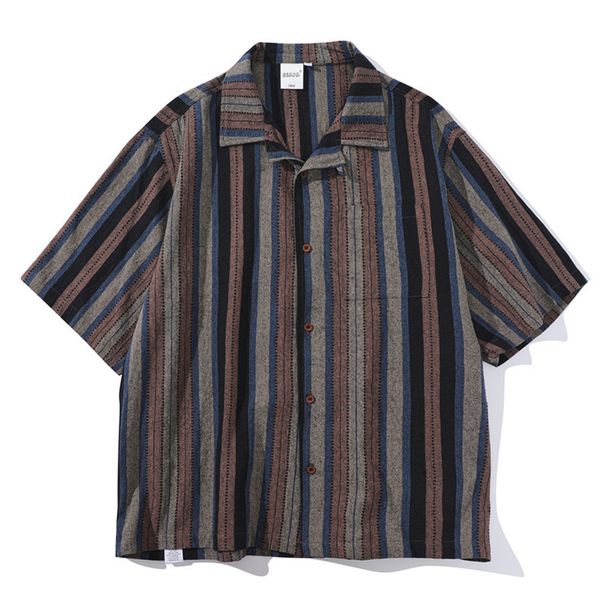 Unisex Japanese Retro Americana Style Striped Shirt Short Sleeved Hawaiian Cuban Collar Trendy Clothing for Women_ecoleips.com