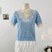Women's Clothing Sweet Splicing Lace V Neck Short Sleeved Sweater For Women, New Summer Style, Slimming And Age Reducing Short Tops_ecoleips.com