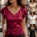 Satin Ruffle Top For Women V Neck Drawstring Design Fashion Women's Clothing_ecoleips.com
