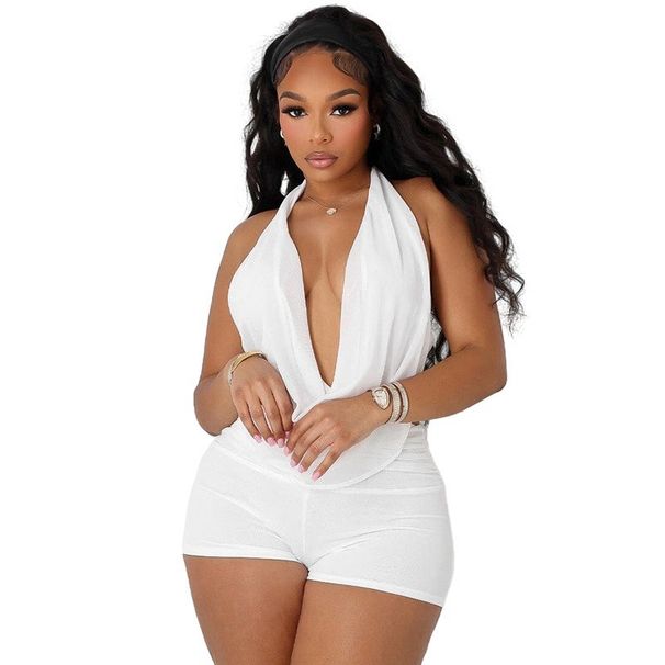 K Women's Sexy Hanging Neck, Swinging Collar, Big Backless, Tied Rope, Solid Color Mesh Two-piece Set_ecoleips.com