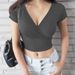 Summer Solid Color V-neck T-shirt, Women's Short Sleeved Sexy Navel Exposed Casual Top For Women_ecoleips.com