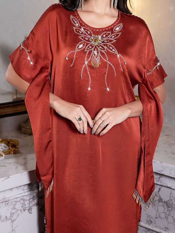 The Ba5140 Dress Features An Orange-Colored Design With Stylish Diamond Embellishments; It's A Long Summer Gown Or Robe._ecoleips.com