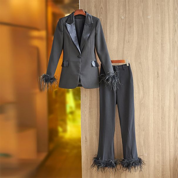 Women's Clothing Pink Feather Splicing Suit Two Piece Suit Temperament Dress Pants Suit_ecoleips.com