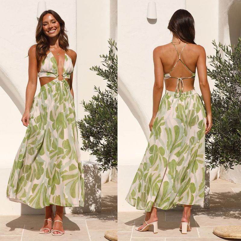 Women's Floral Print Maxi Dress - Summer V-Neck Back Tie Detail Long Dress With Flowy Skirt - Light Green Boho Chic Dress For Beach & Parties_ecoleips.com