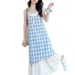 Lace Patchwork Plaid Camisole For Women 2024 Summer New Fresh Loose Slimming Two-in-One Dress_ecoleips.com