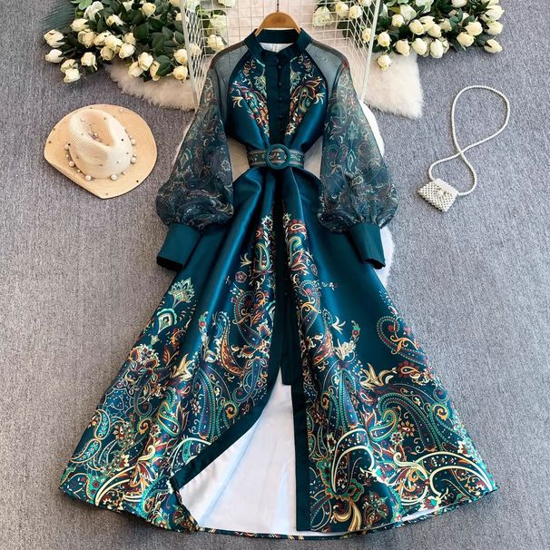 Women's European Court Style Retro Dress Slimming Flattering Mesh Patchwork Printed Lantern Sleeve Full Skirt Dress_ecoleips.com