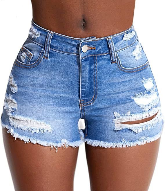 Women's Stretchy High-Waisted Ripped Denim Shorts - Summer Fashion, Comfort Fit, Streetwear Style (S-XXL, Light Blue/Dark Blue)_ecoleips.com