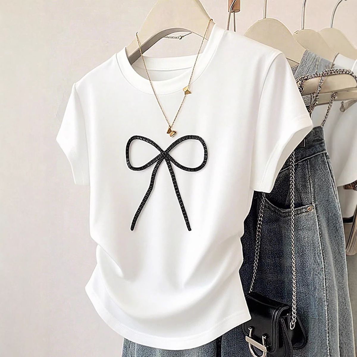 Women's Clothing Women's Slim Fit Short Sleeve T-Shirt With Bow Style Versatile Alluring Top For Formal & Casual For Women_ecoleips.com