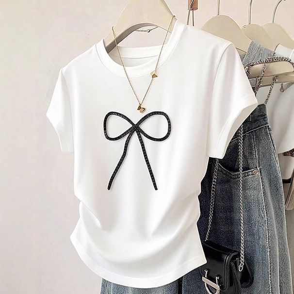 Women's Clothing Women's Slim Fit Short Sleeve T-Shirt With Bow Style Versatile Alluring Top For Formal & Casual For Women_ecoleips.com
