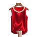 Women's Pearl Embellished Satin Camisole Top, Round Neck Elegant Blouse For Spring Summer Premium Satin-Feel Fabric_ecoleips.com