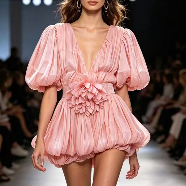 Sweet Girls V Neck Puff Sleeve Dress With Fitted Waist Three Dimensional Floral Tulle Skirt Alluring Dress_ecoleips.com