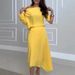 Women's Clothing New Product Light Yellow Three Quarter Sleeve Off Shoulder Casual Top Suit Irregular Medium Length Skirt_ecoleips.com