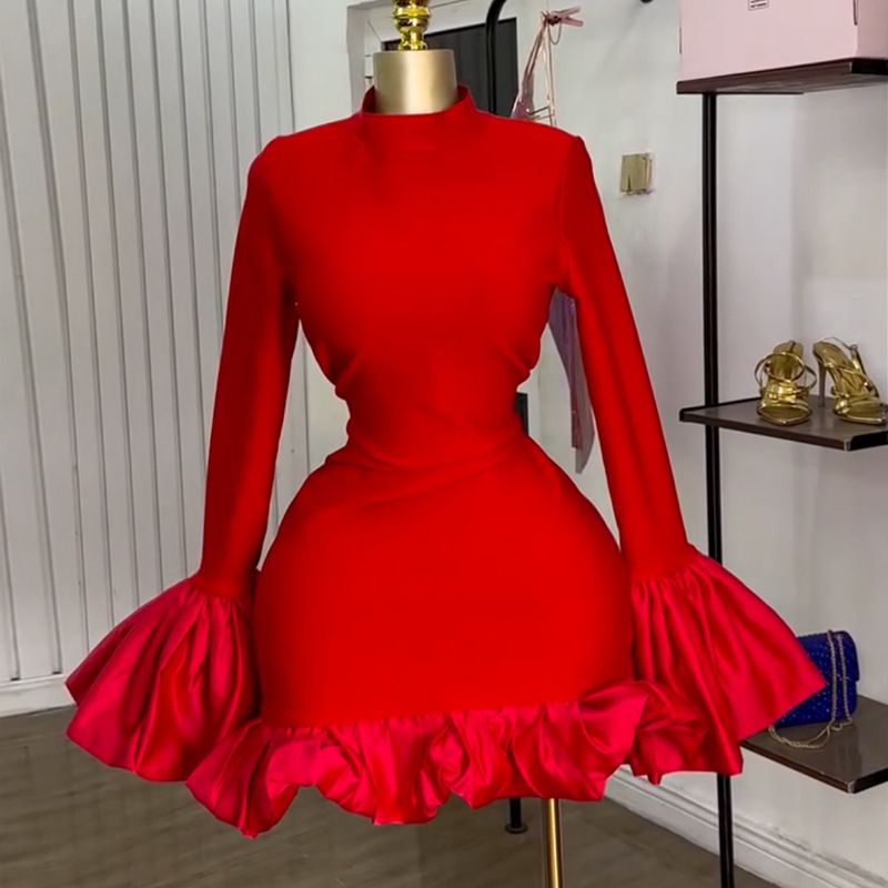 Women's Clothing Collar Trumpet Sleeve High Waist Ruffled Hip Dress Elegant Mock Neck Flared Sleeve High Waist Ruffle Hem Bodycon Dress_ecoleips.com