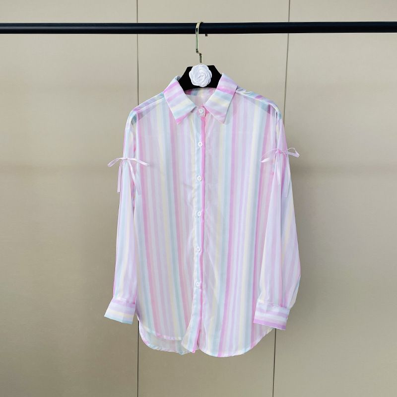 Women's Striped Loose Fitting Long Sleeved Shirt Pink Tie Waist Design Fashionable Casual Top_ecoleips.com