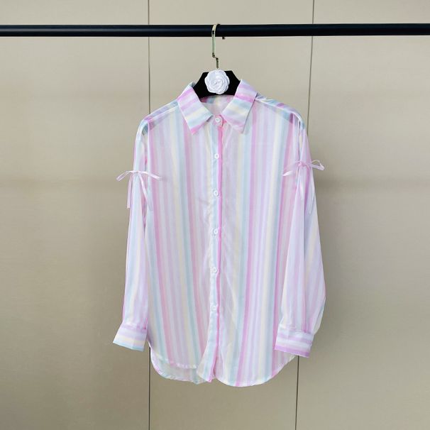 Women's Striped Loose Fitting Long Sleeved Shirt Pink Tie Waist Design Fashionable Casual Top_ecoleips.com
