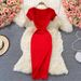 YuooMuoo Spring Summer 2025 Women Dress Elegant Square Collar White Black Knitted Bodycon Dress Korean Office Lady Vestidos_ecoleips.com